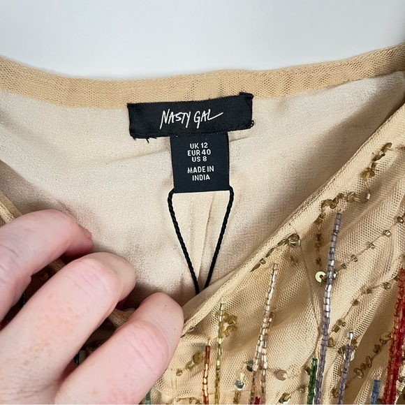 Nasty Gal Yellow Tan Tassel Beaded Sequin Flare Pants NWT sz 8 - Picture 4 of 15